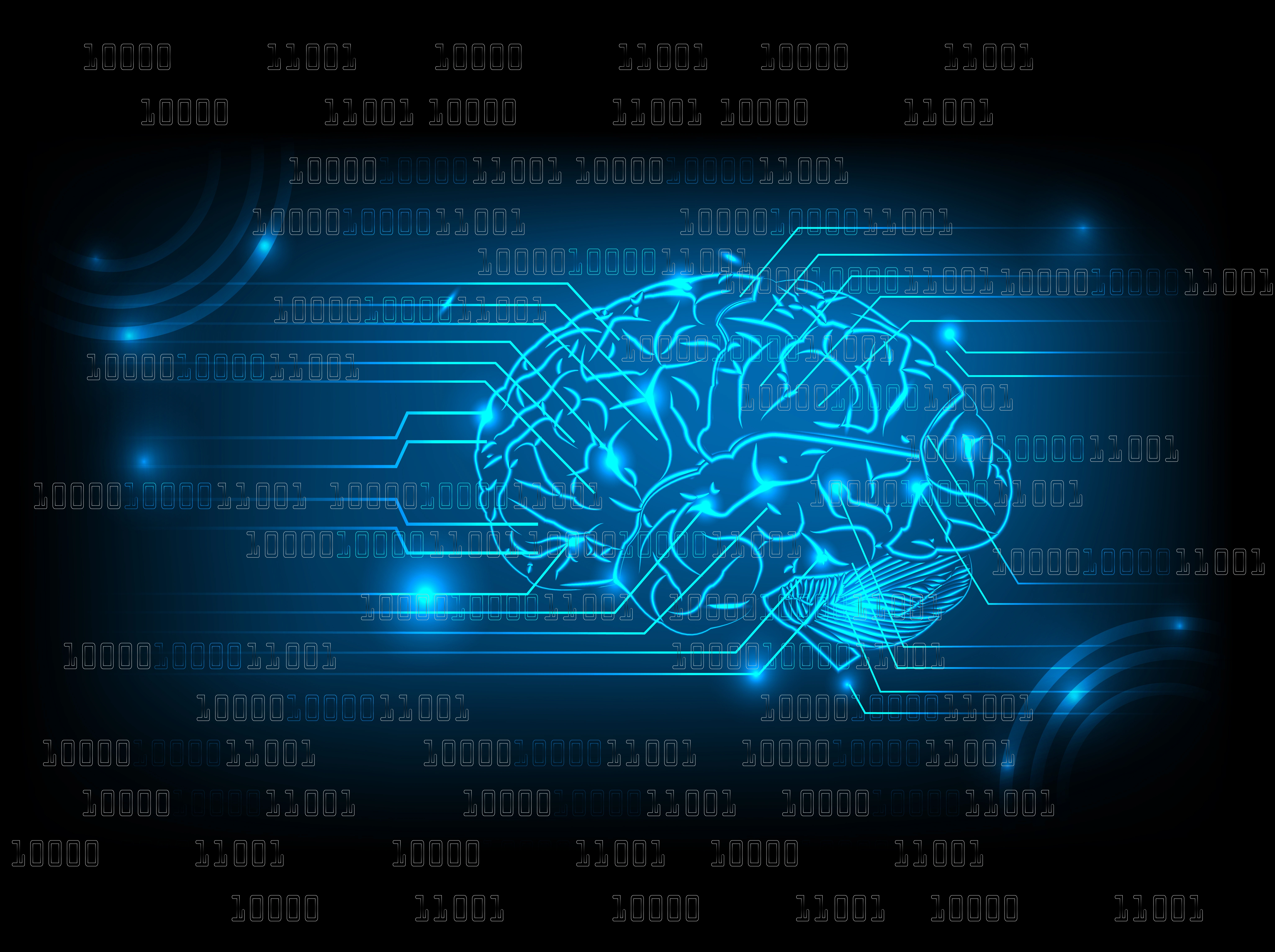 An illustrated brain formed from lines and binary patterns